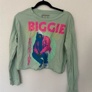 Notorious B.I.G. Sage Green Neon Pink Graphic Cropped Long Sleeve Size Large